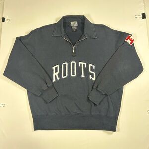 Roots Athletics Pullover Sweater Mens Small Blue Half Zip Canada Spell Out Retro